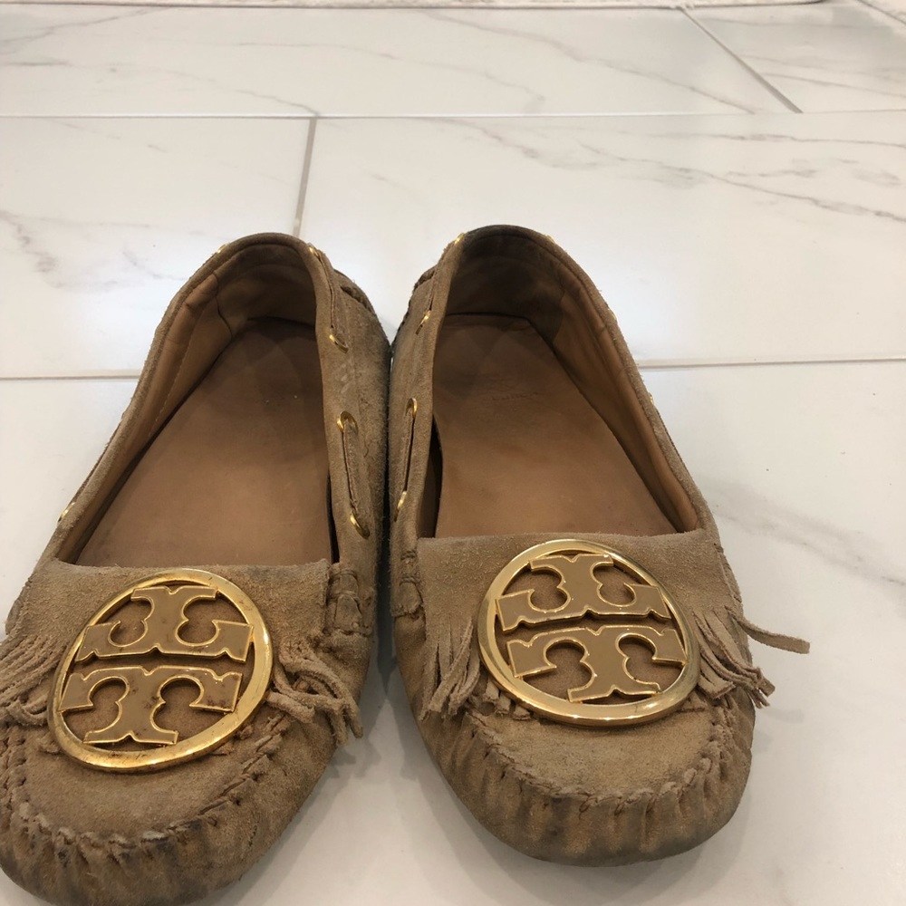Tory Burch Tan Suede Moccasin Loafers with Gold Logo